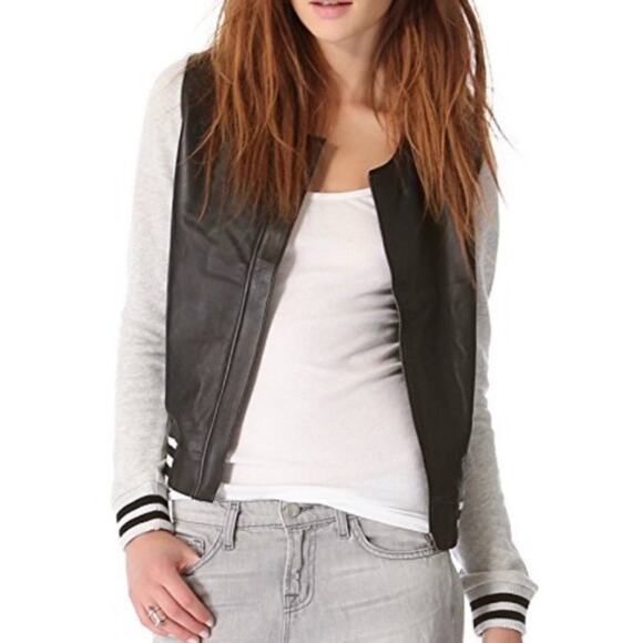 Townsen Leather Bomber Jacket Womens Small Black Gray Varsity Casual EUC - Picture 1 of 11